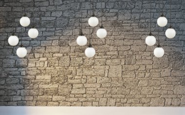 Taş duvar boş oda ve iç tasarım, asılı lamba. 3B illüstrasyon