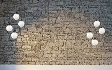 Taş duvar boş oda ve iç tasarım, asılı lamba. 3B illüstrasyon
