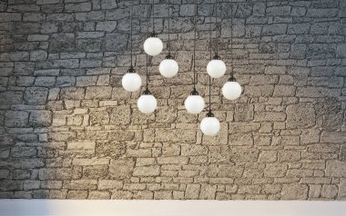 Taş duvar boş oda ve iç tasarım, asılı lamba. 3B illüstrasyon