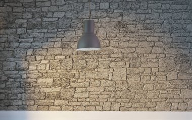 Taş duvar boş oda ve iç tasarım, asılı lamba. 3B illüstrasyon
