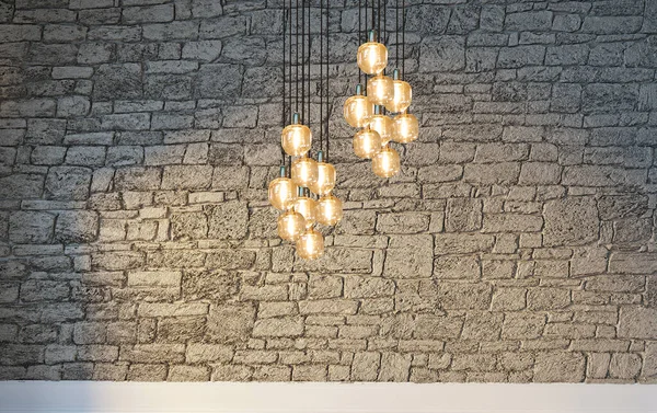 Boş oturma odası dekorasyonu modern lamba ve ahşap zemin, taş duvar konsepti. Ev, ofis, otel için dekoratif arka plan. 3B illüstrasyon