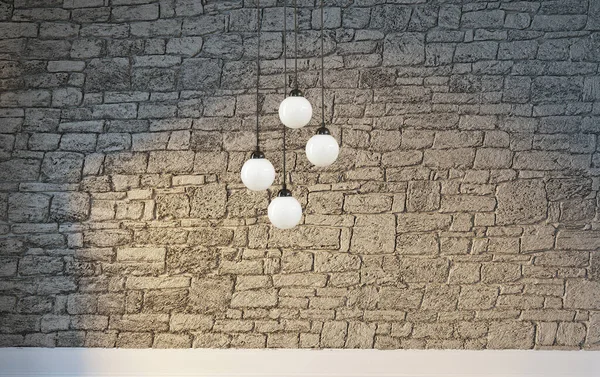 Taş duvar boş oda ve iç tasarım, asılı lamba. 3B illüstrasyon
