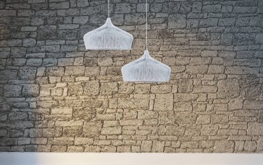 Taş duvar boş oda ve iç tasarım, asılı lamba. 3B illüstrasyon