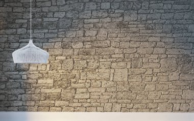 Taş duvar boş oda ve iç tasarım, asılı lamba. 3B illüstrasyon