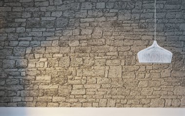 Taş duvar boş oda ve iç tasarım, asılı lamba. 3B illüstrasyon