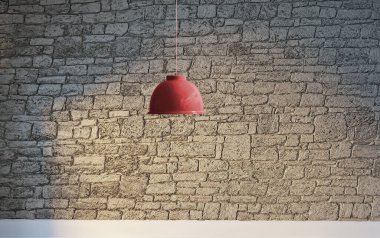 Taş duvar boş oda ve iç tasarım, asılı lamba. 3B illüstrasyon