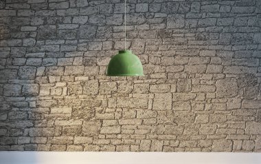 Taş duvar boş oda ve iç tasarım, asılı lamba. 3B illüstrasyon