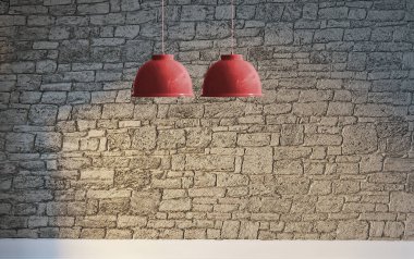 Taş duvar boş oda ve iç tasarım, asılı lamba. 3B illüstrasyon