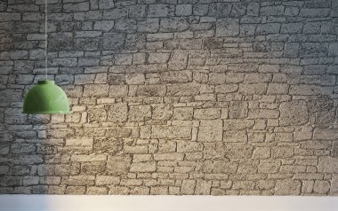 Taş duvar boş oda ve iç tasarım, asılı lamba. 3B illüstrasyon