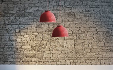 Taş duvar boş oda ve iç tasarım, asılı lamba. 3B illüstrasyon