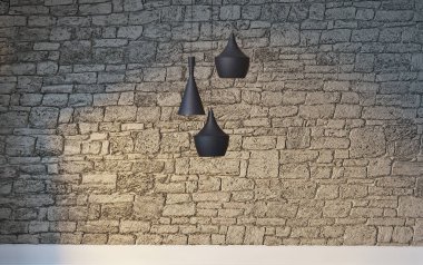 Parlak boş iç tasarım, taş duvar. 3B illüstrasyon