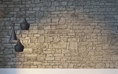 Parlak boş iç tasarım, taş duvar. 3B illüstrasyon
