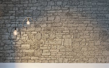 Parlak boş iç tasarım, taş duvar. 3B illüstrasyon