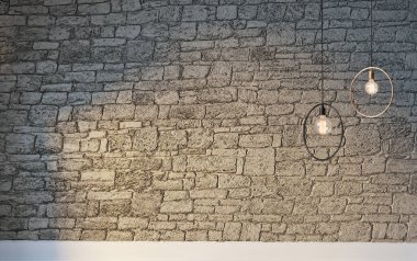 Parlak boş iç tasarım, taş duvar. 3B illüstrasyon