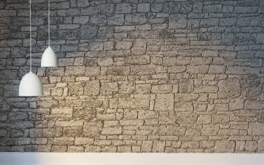 Parlak boş iç tasarım, taş duvar. 3B illüstrasyon