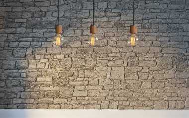 Parlak boş iç tasarım, taş duvar. 3B illüstrasyon