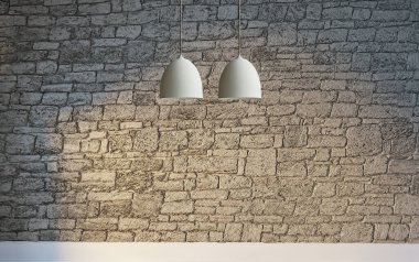 Parlak boş iç tasarım, taş duvar. 3B illüstrasyon
