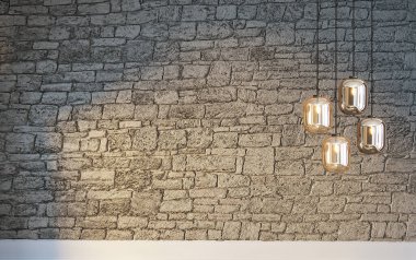 Parlak boş iç tasarım, taş duvar. 3B illüstrasyon