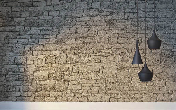 Parlak boş iç tasarım, taş duvar. 3B illüstrasyon