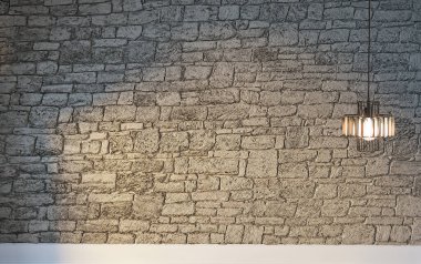 Boş oda, taş duvar ve ahşap zemin. 3B illüstrasyon