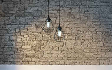 Boş oda, taş duvar ve ahşap zemin. 3B illüstrasyon