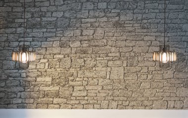 Boş oda, taş duvar ve ahşap zemin. 3B illüstrasyon