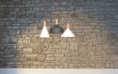 Parlak iç mekan ve lamba. 3B illüstrasyon