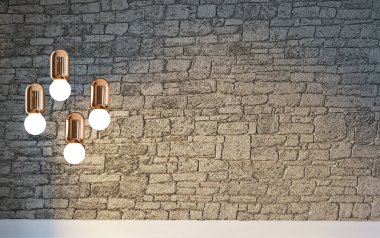 Parlak iç mekan ve lamba. 3B illüstrasyon