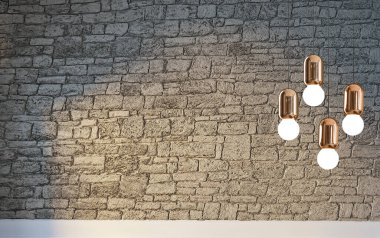 Parlak iç mekan ve lamba. 3B illüstrasyon