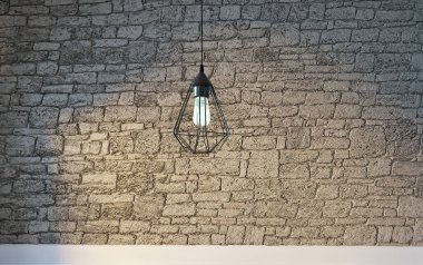 Parlak iç mekan ve lamba. 3B illüstrasyon