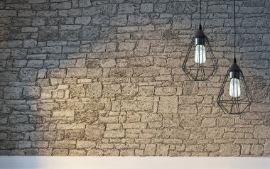 Parlak iç mekan ve lamba. 3B illüstrasyon