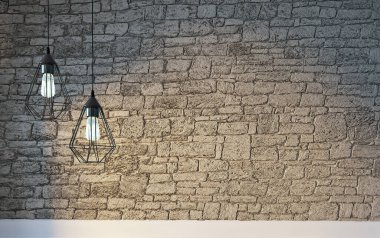 Parlak iç mekan ve lamba. 3B illüstrasyon