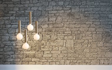 Parlak iç mekan ve lamba. 3B illüstrasyon