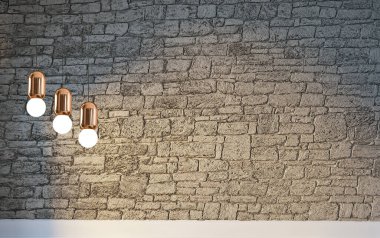 Parlak iç mekan ve lamba. 3B illüstrasyon