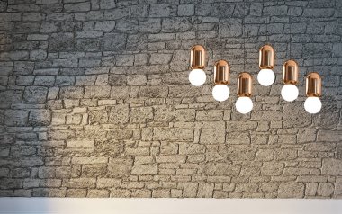 Parlak iç mekan ve lamba. 3B illüstrasyon