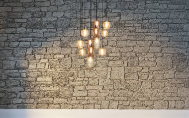 Tuğla duvar iç dizaynı ev, ofis, otel ve yatak odası için modern lamba. 3B illüstrasyon