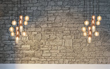 Tuğla duvar iç dizaynı ev, ofis, otel ve yatak odası için modern lamba. 3B illüstrasyon