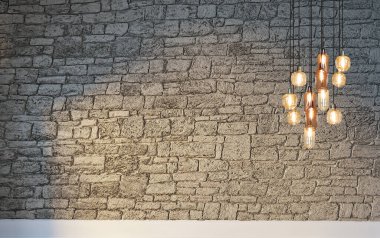 Tuğla duvar iç dizaynı ev, ofis, otel ve yatak odası için modern lamba. 3B illüstrasyon