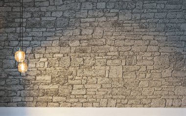 Tuğla duvar iç dizaynı ev, ofis, otel ve yatak odası için modern lamba. 3B illüstrasyon