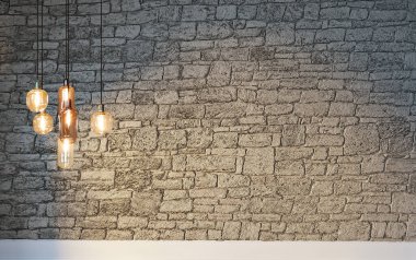 Tuğla duvar iç dizaynı ev, ofis, otel ve yatak odası için modern lamba. 3B illüstrasyon