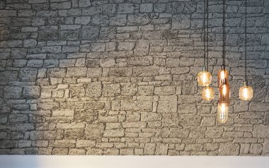 Tuğla duvar iç dizaynı ev, ofis, otel ve yatak odası için modern lamba. 3B illüstrasyon