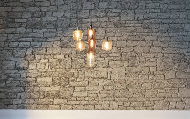 Tuğla duvar iç dizaynı ev, ofis, otel ve yatak odası için modern lamba. 3B illüstrasyon