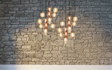 Tuğla duvar iç dizaynı ev, ofis, otel ve yatak odası için modern lamba. 3B illüstrasyon