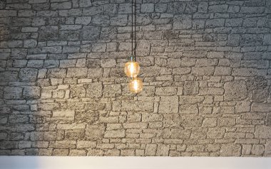 Tuğla duvar iç dizaynı ev, ofis, otel ve yatak odası için modern lamba. 3B illüstrasyon