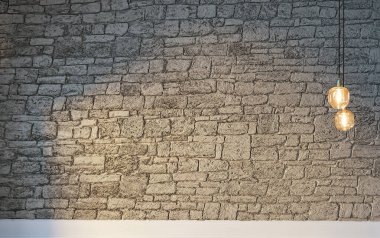 Tuğla duvar iç dizaynı ev, ofis, otel ve yatak odası için modern lamba. 3B illüstrasyon
