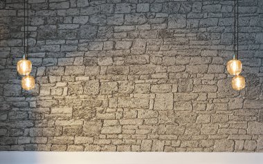 Tuğla duvar iç dizaynı ev, ofis, otel ve yatak odası için modern lamba. 3B illüstrasyon
