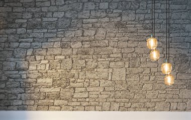 Tuğla duvar iç dizaynı ev, ofis, otel ve yatak odası için modern lamba. 3B illüstrasyon