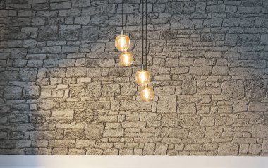 Tuğla duvar iç dizaynı ev, ofis, otel ve yatak odası için modern lamba. 3B illüstrasyon