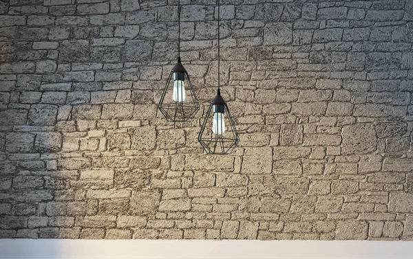 Boş oda, taş duvar ve ahşap zemin. 3B illüstrasyon