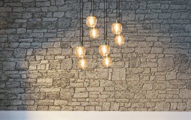 Tuğla duvar iç dizaynı ev, ofis, otel ve yatak odası için modern lamba. 3B illüstrasyon